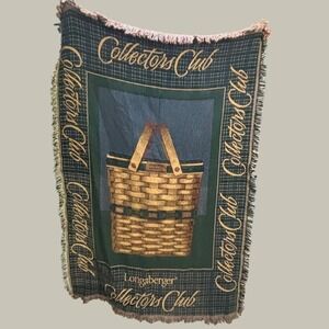 Longaberger Collectors Club Woven Tapestry Throw Blanket Green Plaid Basket